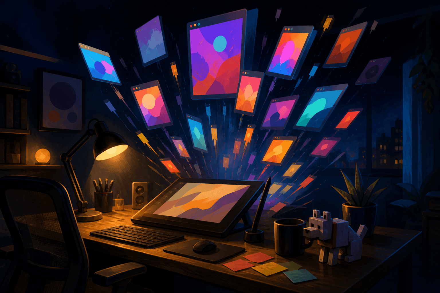 Painted desk with glowing product windows lifting into the night