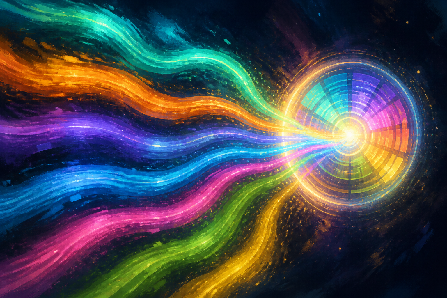 Seven luminous data rivers merging into one orb
