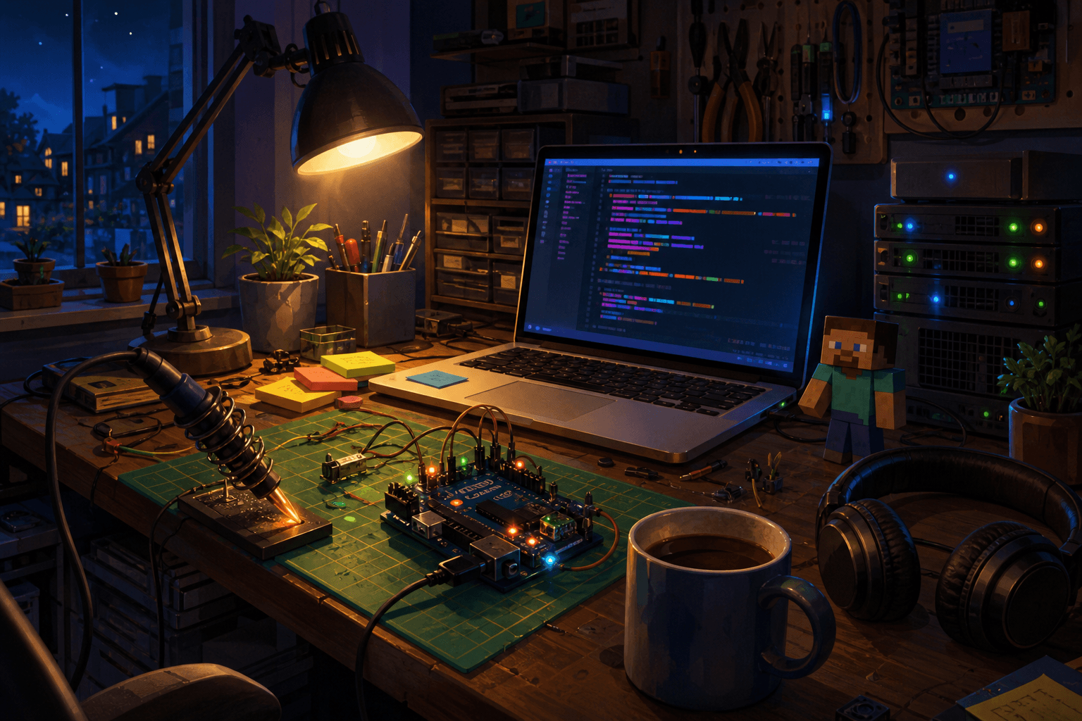Painted workbench with circuits, a laptop, and a Minecraft figurine