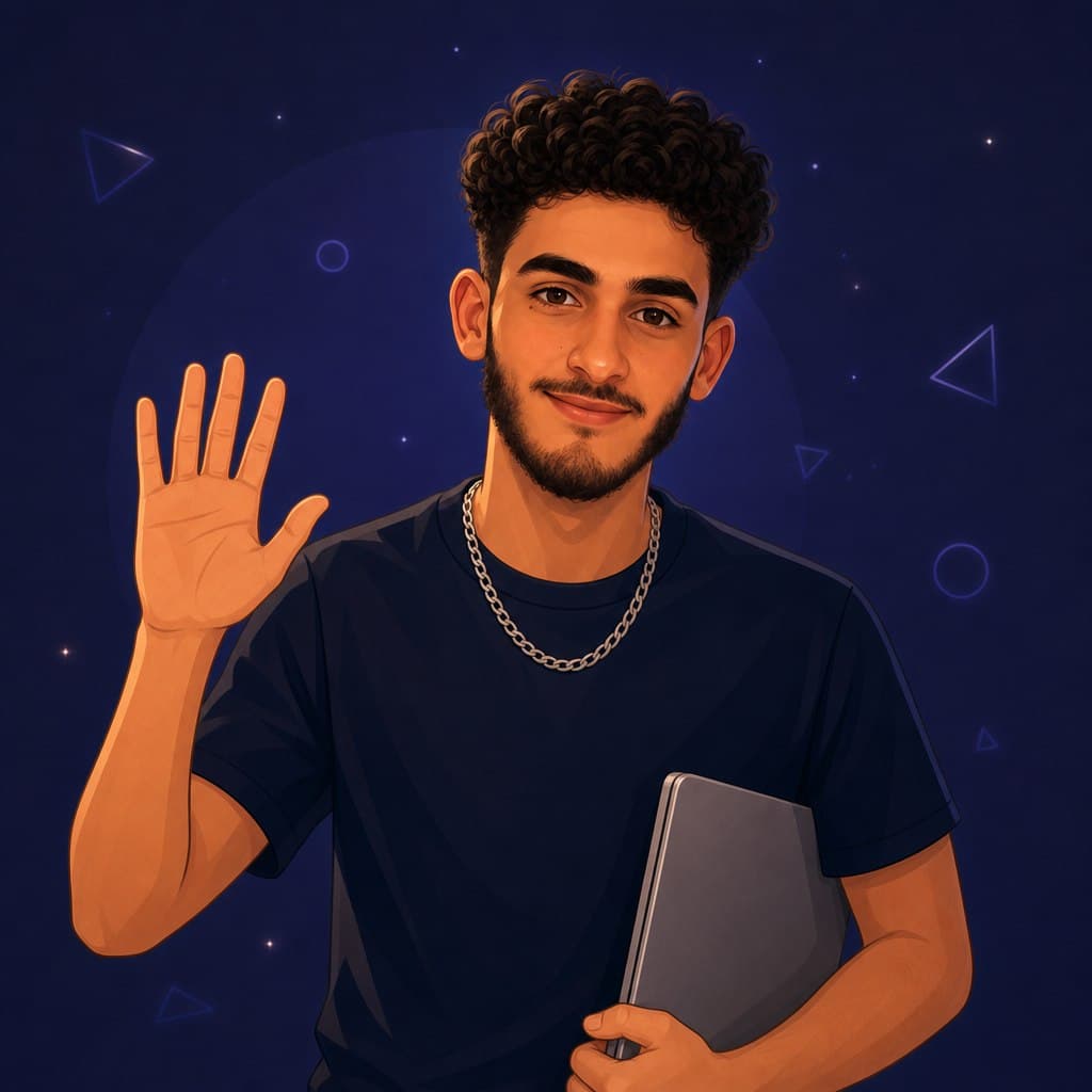 Cartoon portrait of Elias Elloumi waving