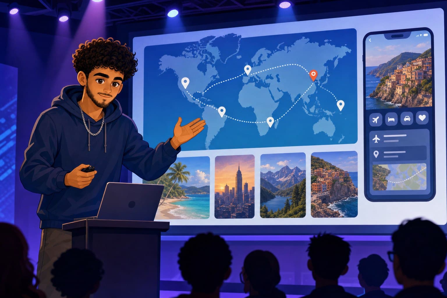 Elias presenting the AI travel planner on stage at ECE