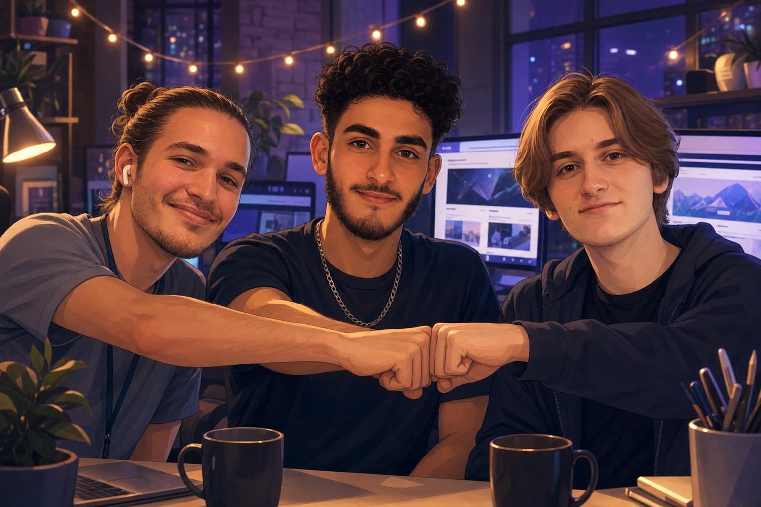 Three friends fist-bumping in the 3geeks studio at night
