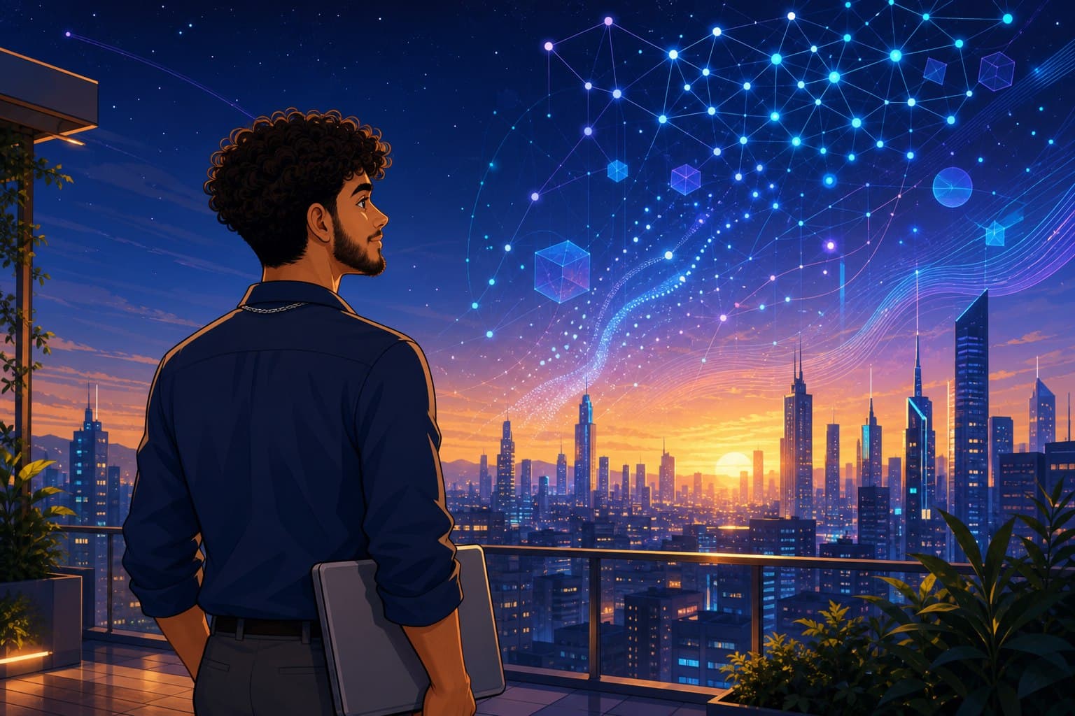 Illustrated dawn city and data constellation for the next degree